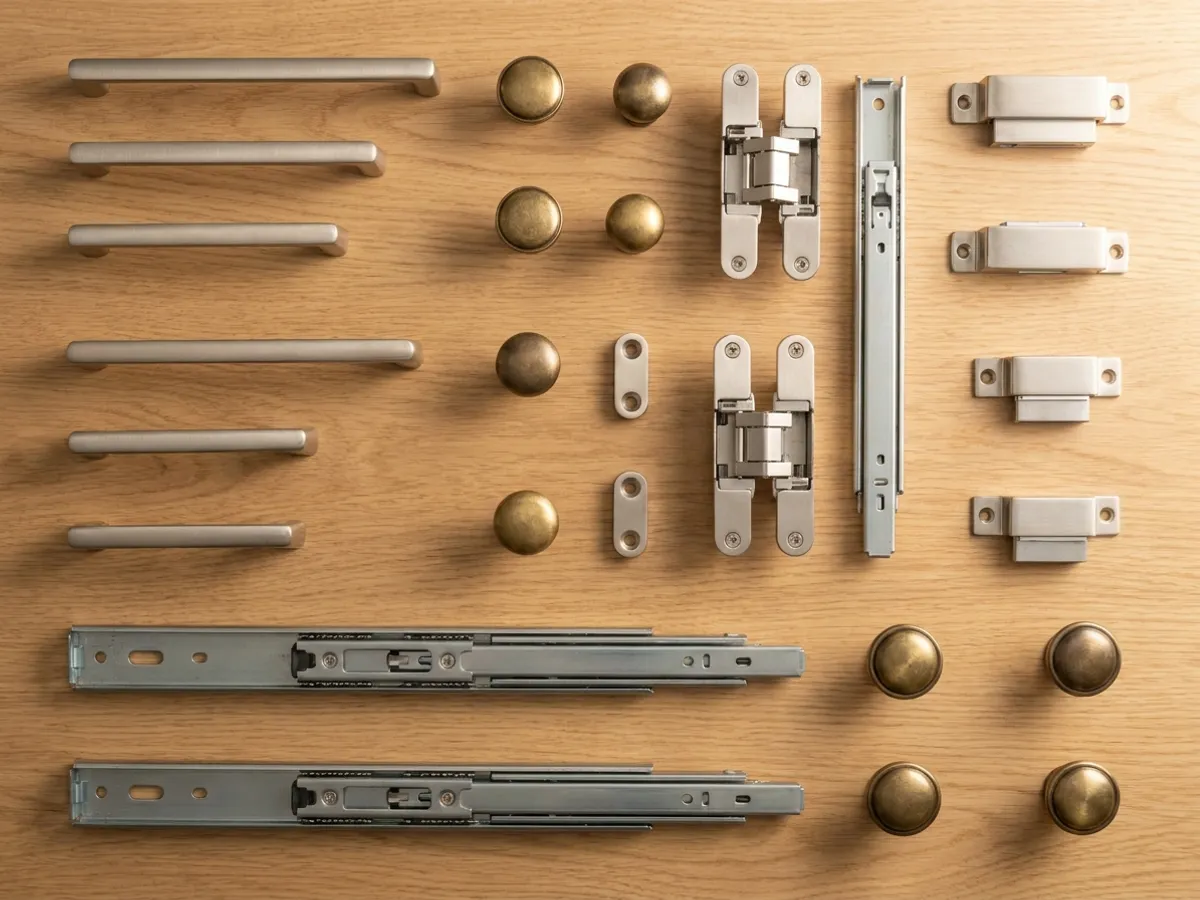 Flat-lay of cabinet handles, knobs, hinges and two telescopic drawer channels on a wooden surface