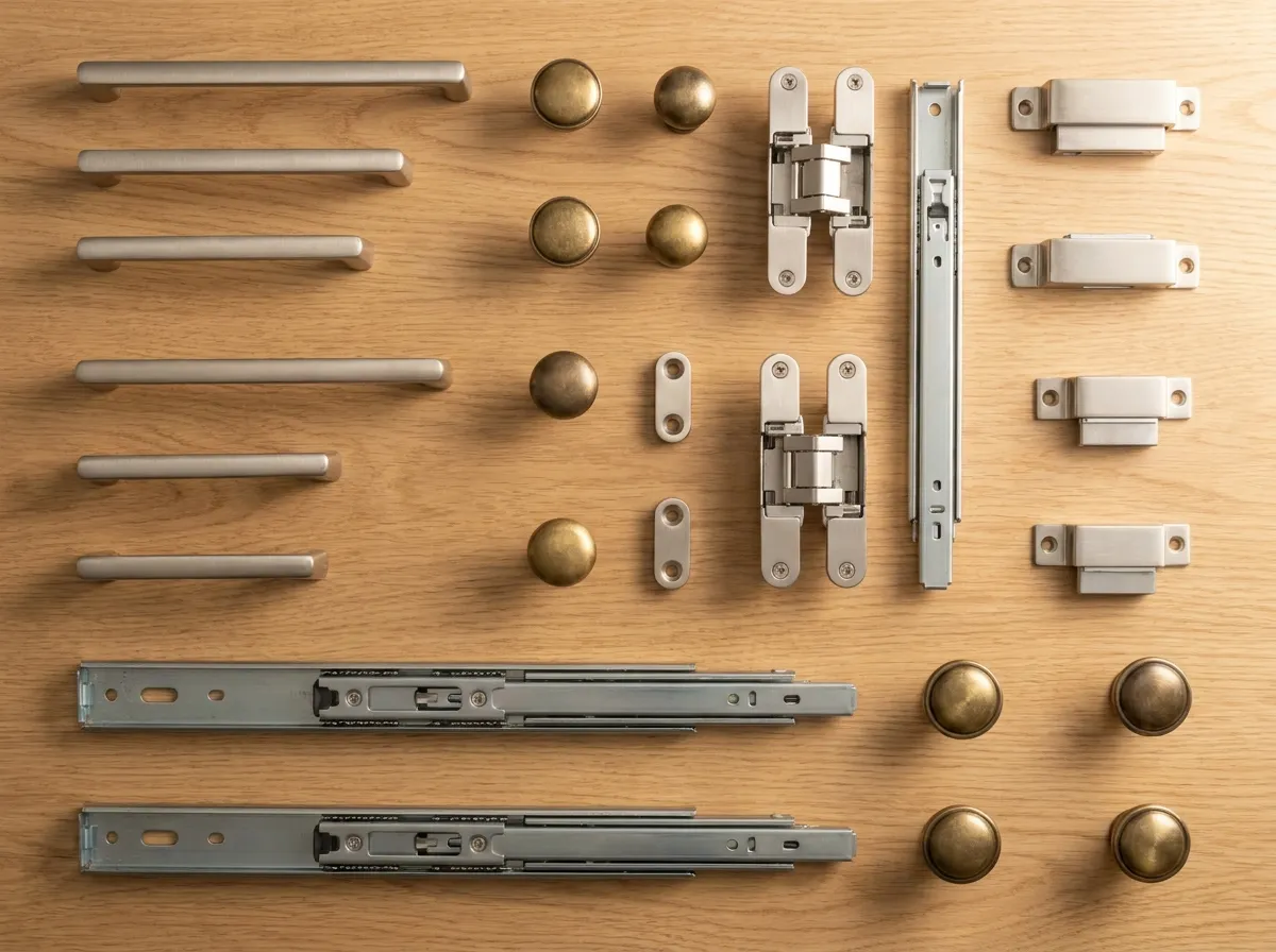 Cabinet handles, hinges and telescopic drawer channels laid out on wood
