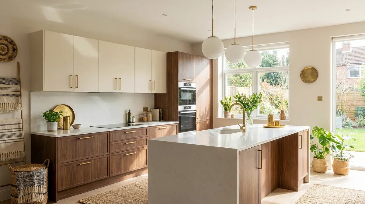 Modular kitchen with wood base units, light wall units and an island
