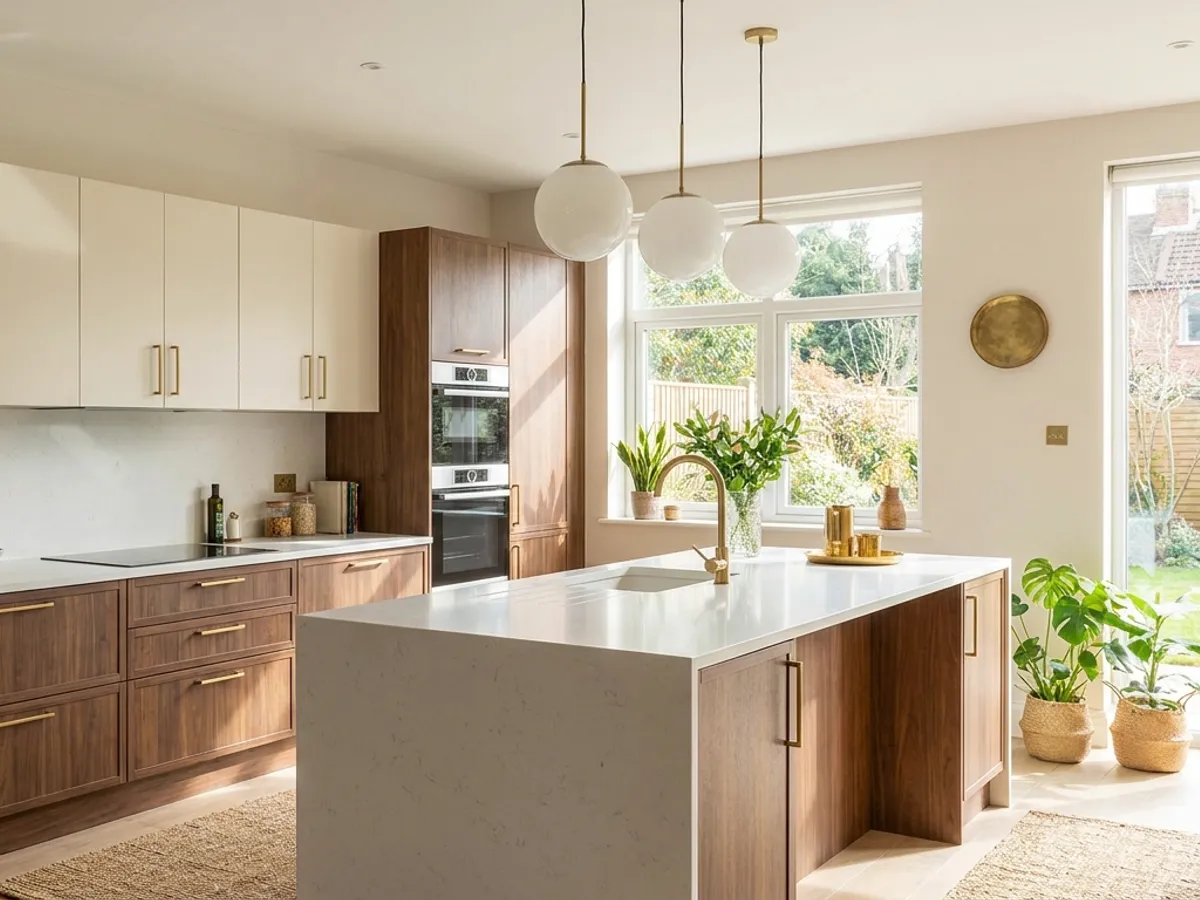 Rendered modular kitchen with wood-finish base units, light wall units and a central island