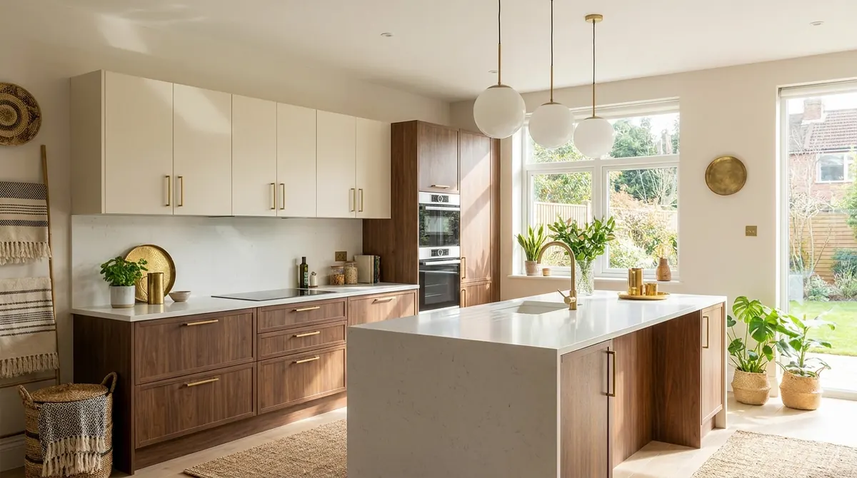 Modular kitchen with base and wall units — the carcass grade, the shutters and the hardware are priced separately