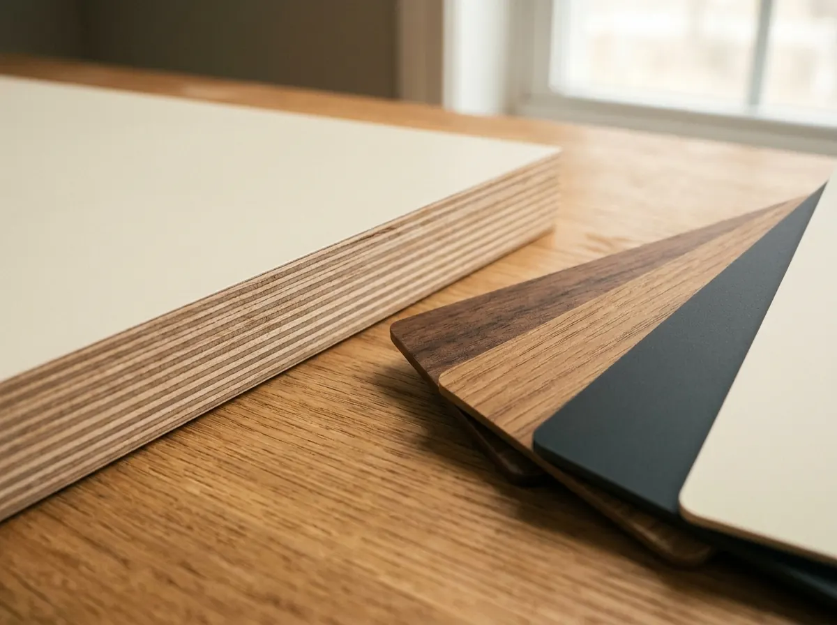 Plywood edge cross-section showing veneer layers, with laminate swatches